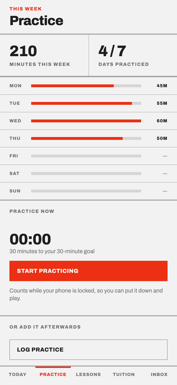 The practice week in minutes, and a stopwatch counting towards the day's goal.