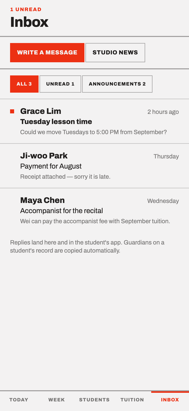 The teacher's inbox: messages from students and guardians, inside the app.